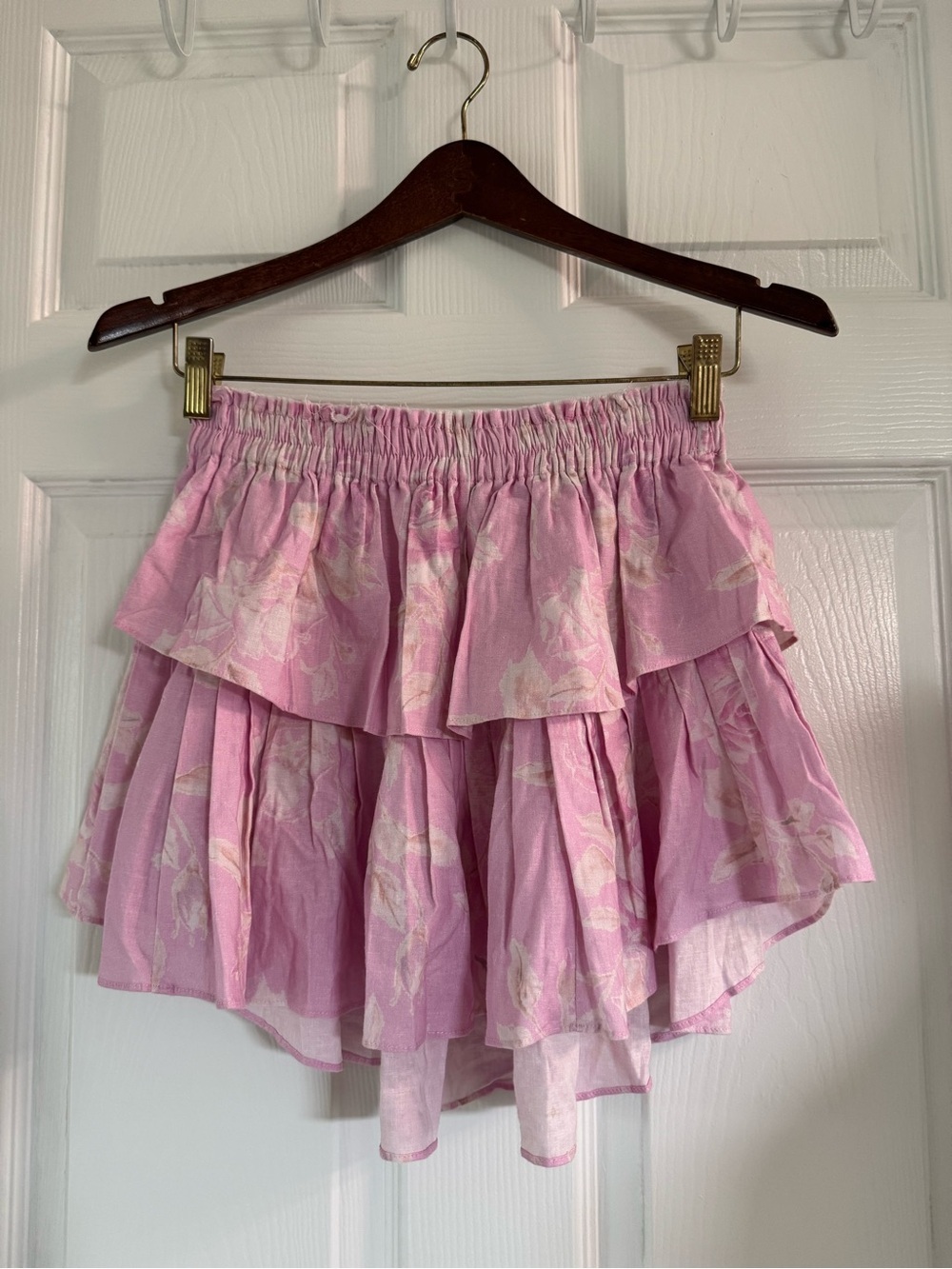 NWT LoveShackFancy Ruffle Mini Skirt Size S in Powder Pink/White Linen Blend